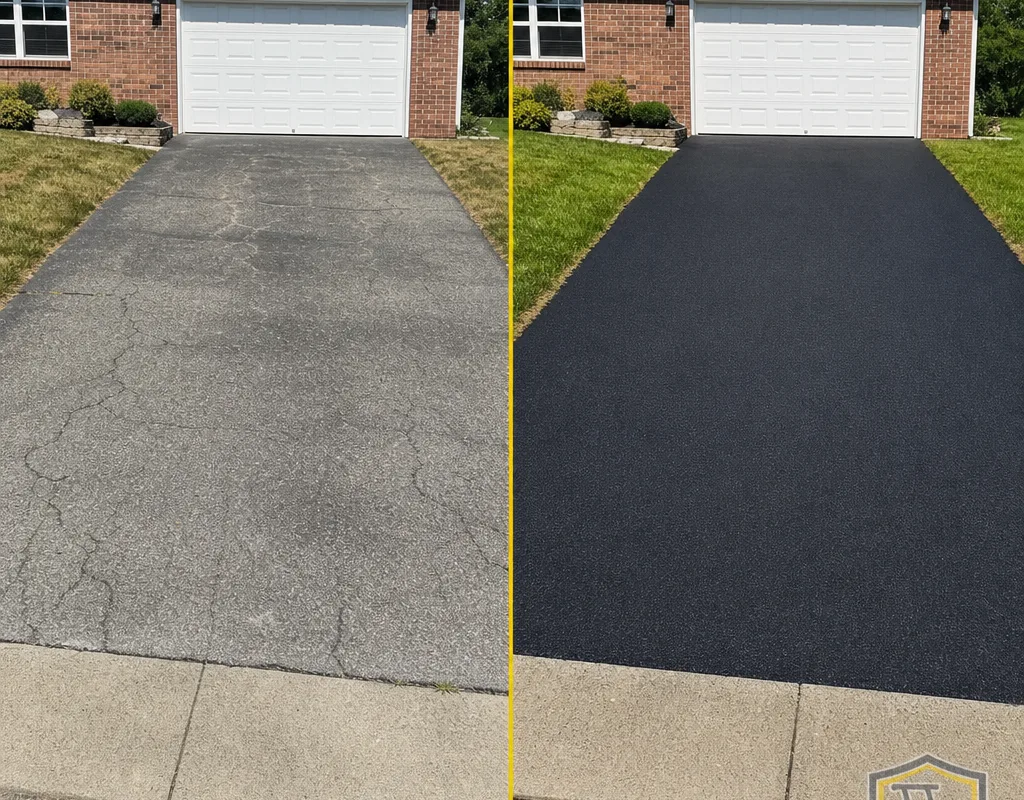 Split-view of the same asphalt driveway before sealing, gray and lightly cracked, and after sealing with a uniform dark finish