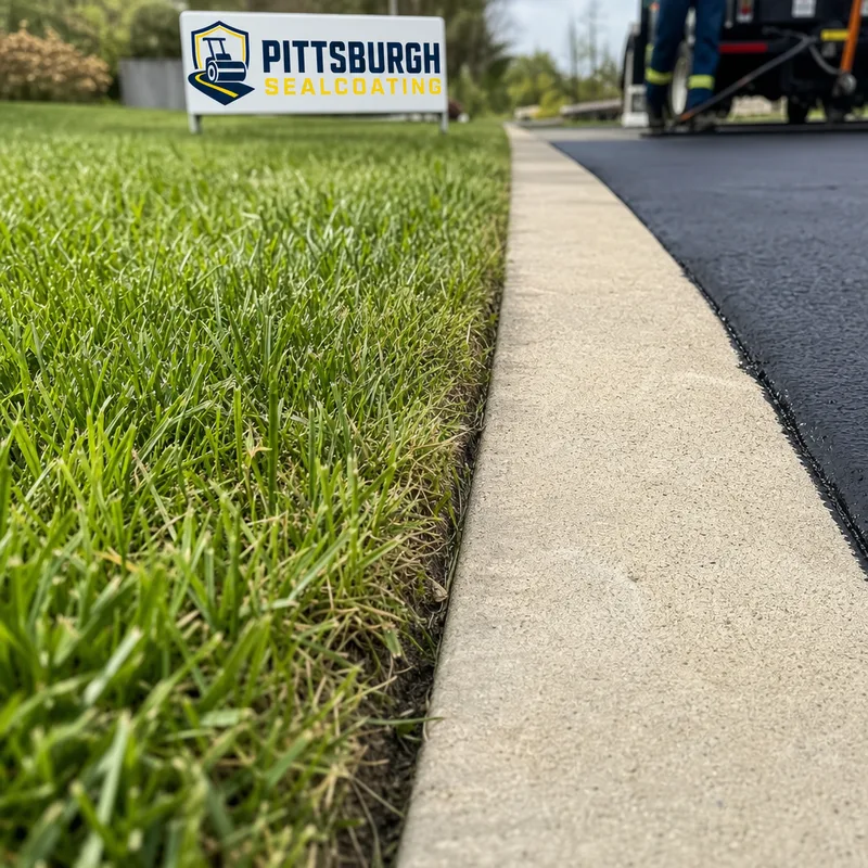 Close-up of clean edging where sealed asphalt meets a concrete sidewalk and lawn line, with no sealer smeared onto concrete