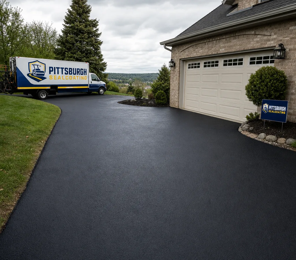 Freshly sealed black asphalt driveway outside a Pittsburgh home on an overcast day, showing an even matte finish with crisp edging at the garage apron