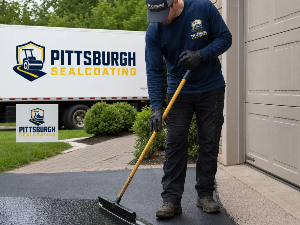 Technician applying driveway sealer with a squeegee and brush along edges near a garage and walkway, showing careful cut-in work for a clean border