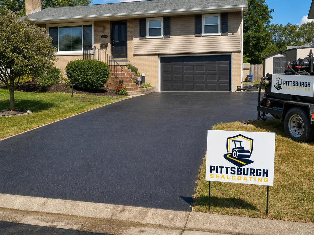 Wide shot of a freshly sealed suburban driveway with a smooth, even appearance and consistent color across the whole surface