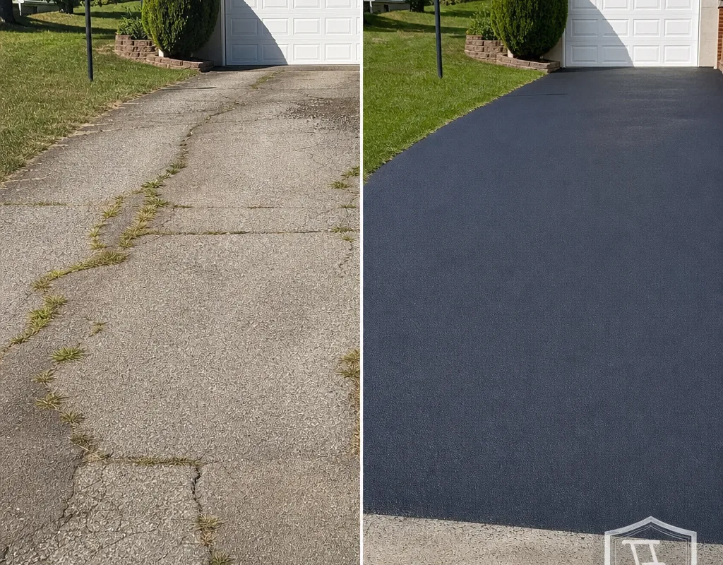 Cracked and settled driveway before work and the same driveway after remove-and-replace paving with corrected grade and a tighter apron tie-in