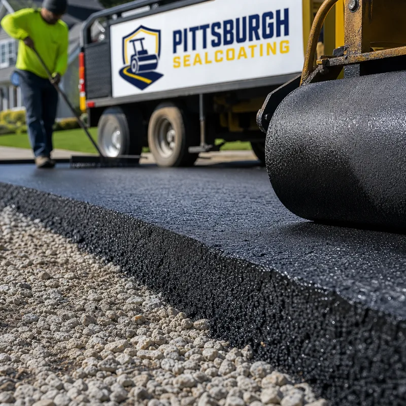 Straight asphalt driveway edge above a compacted stone base while a roller finishes the pavement mat