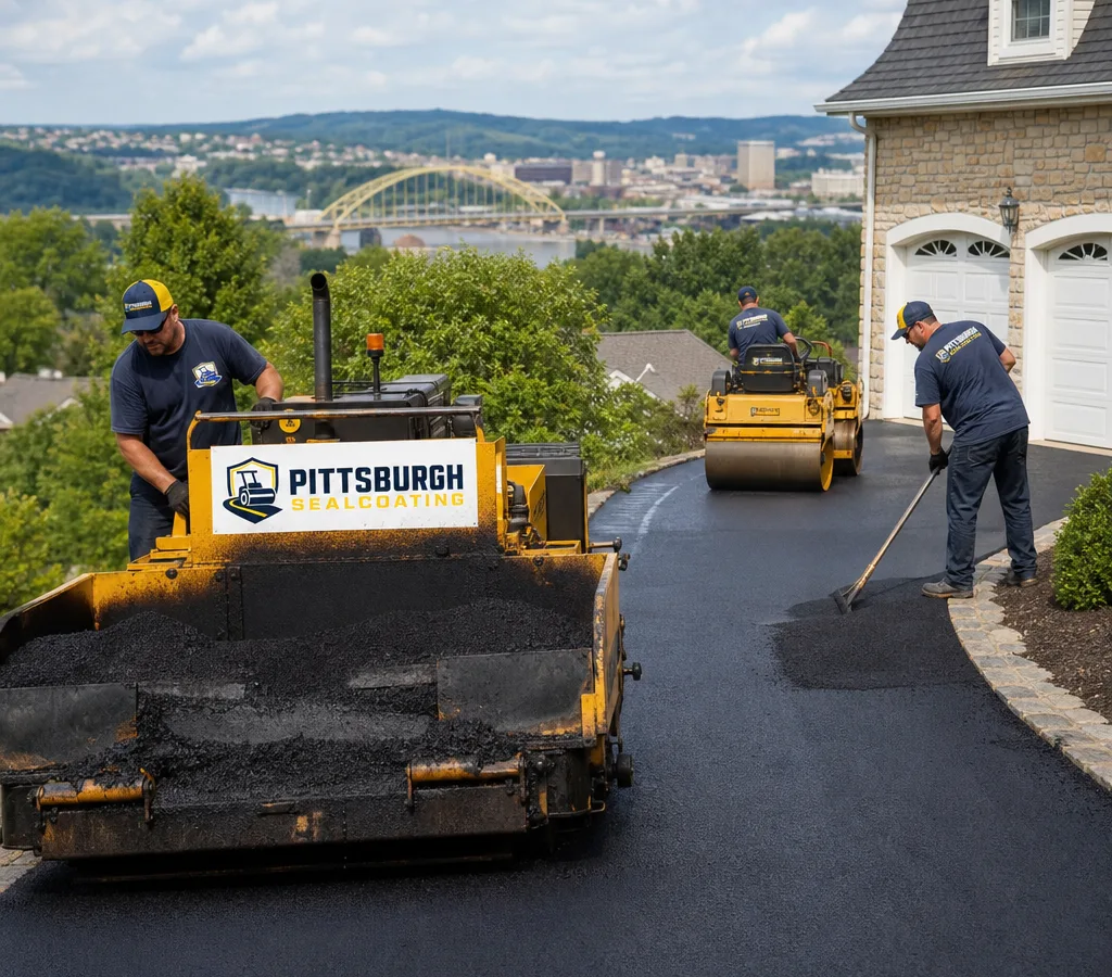 Crew placing hot-mix asphalt on a residential Pittsburgh driveway with a paver and roller, clean edges, and finished joint work