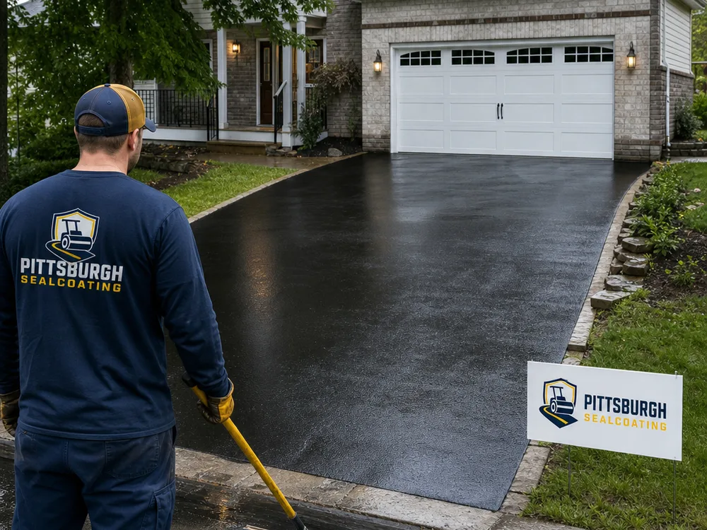 Finished sloped Pittsburgh residential asphalt driveway with clean edges and a smooth mat graded to shed water away from the garage
