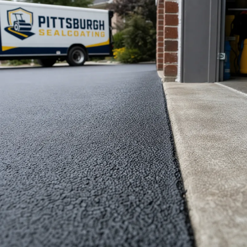Close-up of sealed asphalt with consistent texture and a clean garage-apron transition