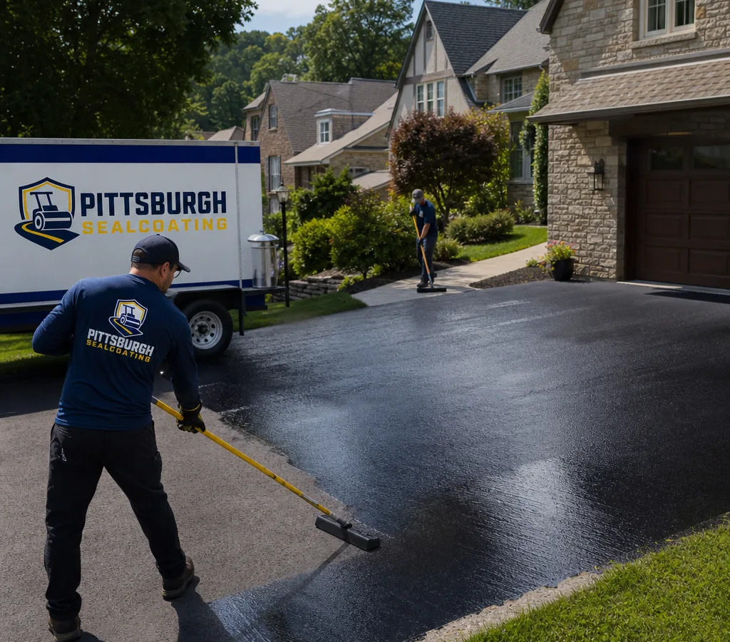 Crew applying sealcoat to a residential asphalt driveway with clean edging and uniform coverage