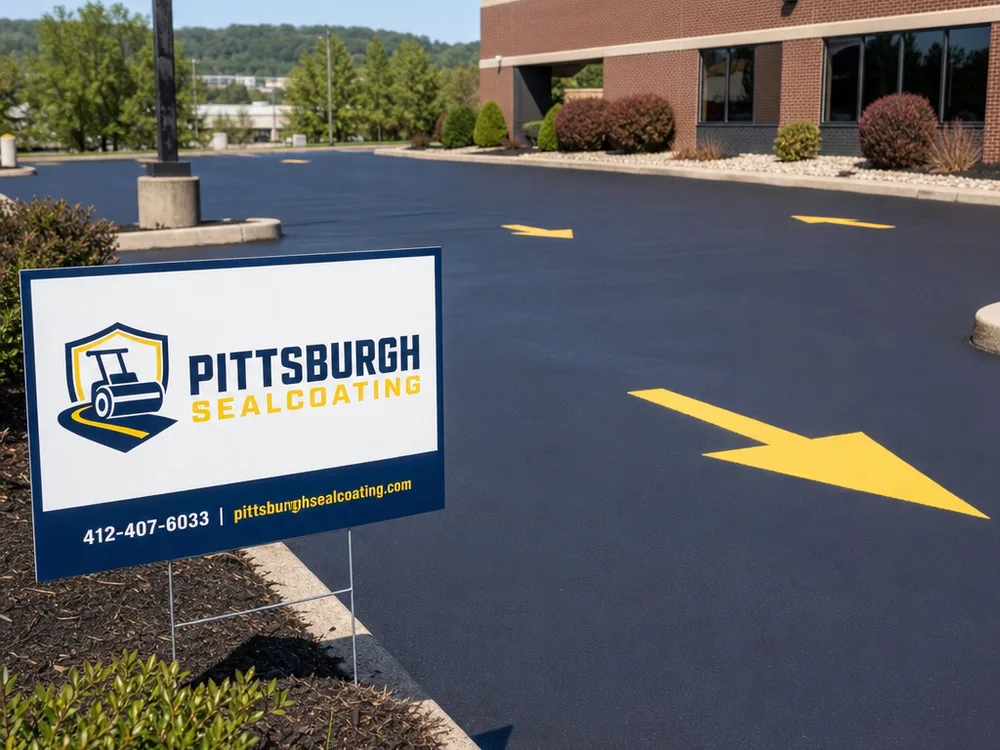 Small commercial lot after sealcoating with defined driving lanes before final striping