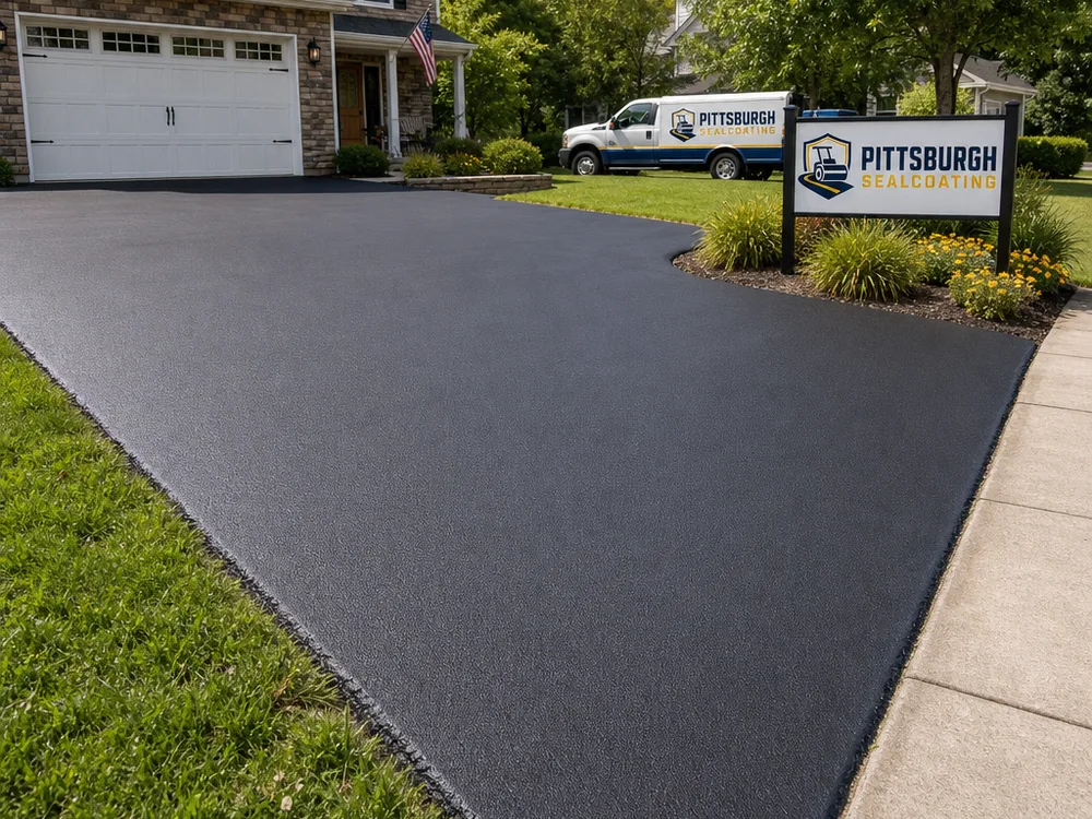 Freshly sealed residential driveway with a uniform dark finish and crisp sidewalk edge