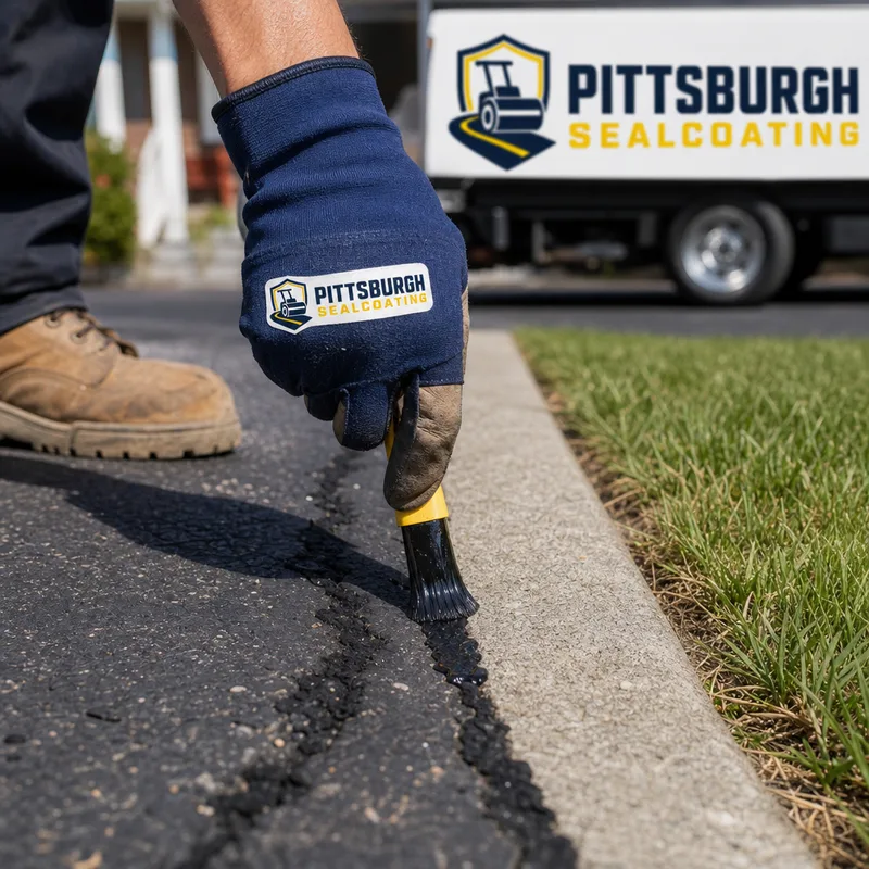 Close-up of crack filling and clean edging along a driveway border before sealer application