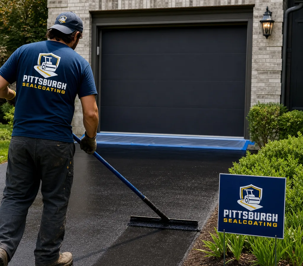 Crew applying a fresh coat of sealer to a residential asphalt driveway with clean edges and a protected garage threshold at a Pittsburgh home