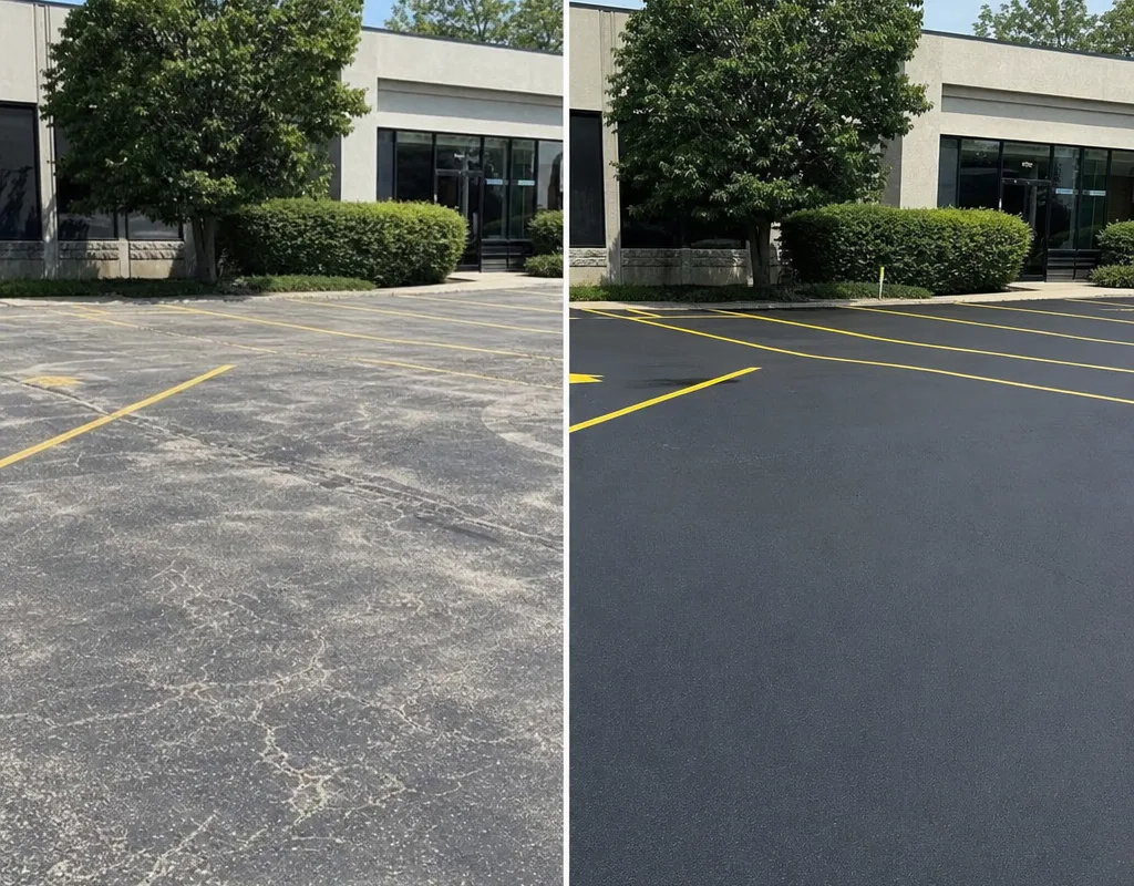 Before-and-after view of a faded commercial asphalt lot restored to a darker, uniform sealcoated finish