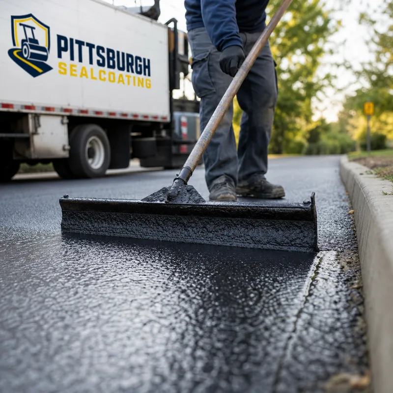 Close-up of squeegee-applied sealcoat beside a concrete curb with a clean edge and uniform coverage