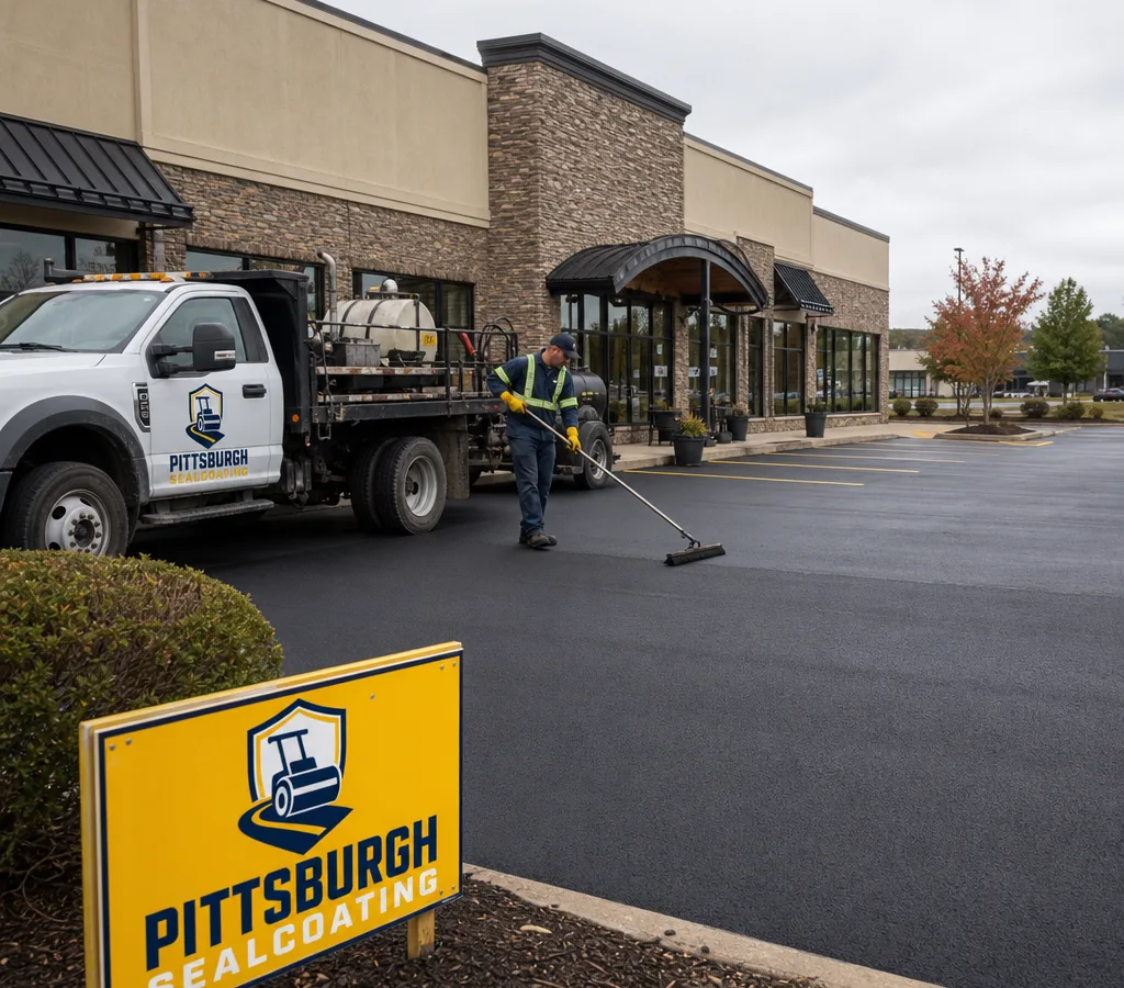 Freshly sealcoated commercial parking lot with crisp edges and a uniform black finish outside a Pittsburgh-area building