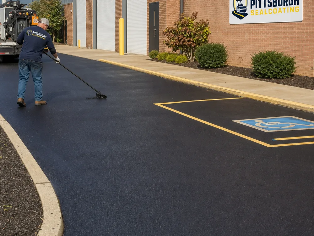 Newly sealcoated commercial drive lane and parking stalls with even coverage and protected concrete edges
