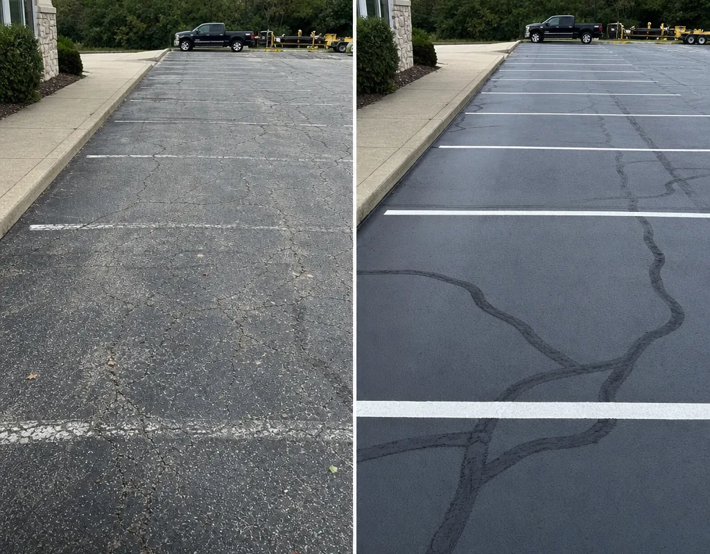 Before and after parking lot lane with block cracks cleaned and sealed consistently