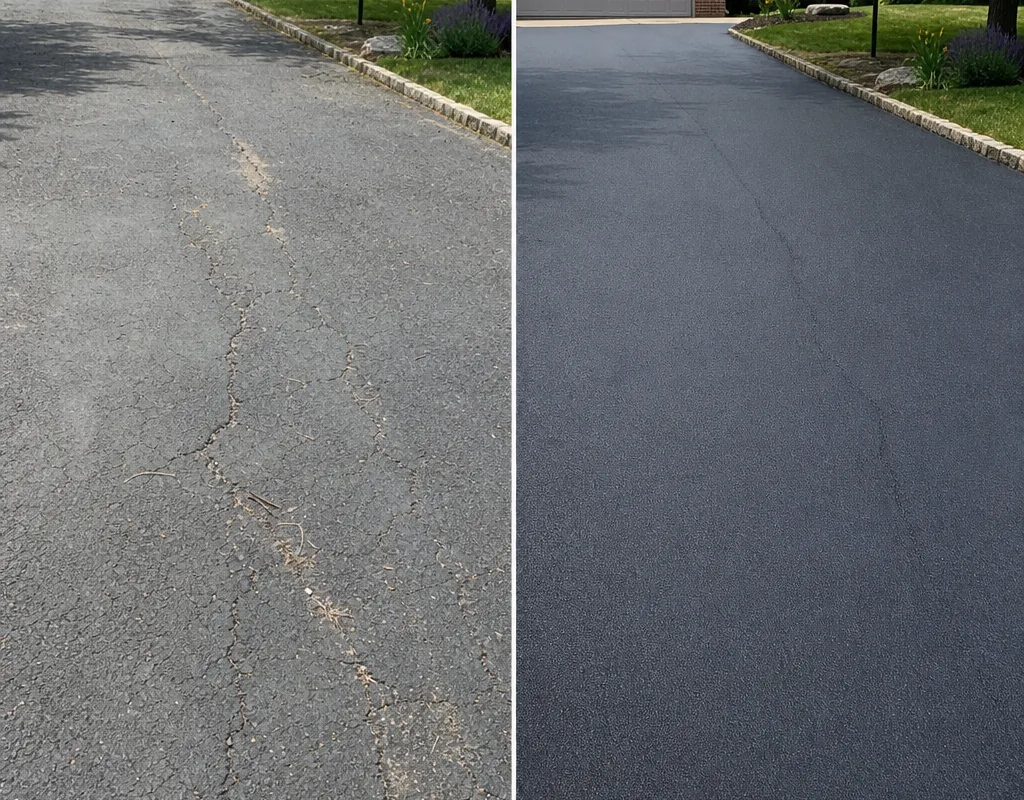 Before and after asphalt driveway with open cracks cleaned and finished with neat bands of sealant