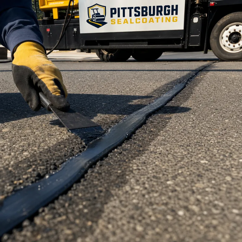 Cleaned asphalt crack with a neat banded application of crack sealant and smooth coverage