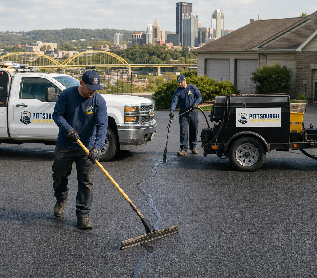 Crew applying hot-pour crack sealant to prepared asphalt cracks with a melter applicator and squeegee