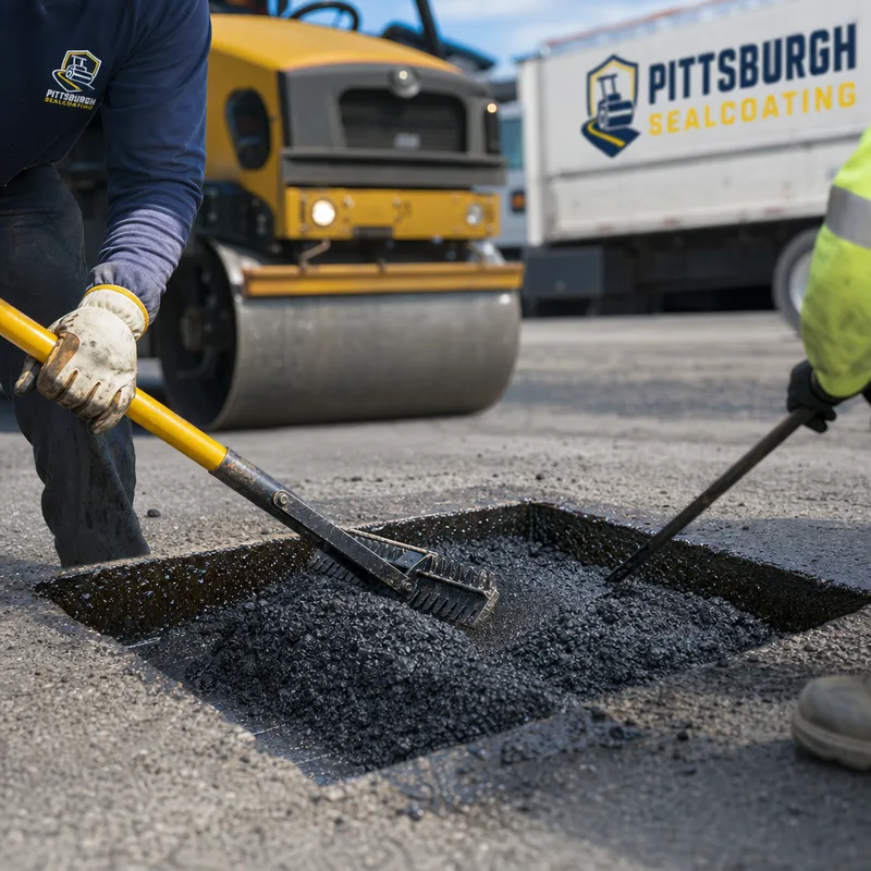 Close-up of a squared saw-cut asphalt patch with clean vertical edges, tack coat applied on the sides, and hot mix being placed and raked to grade before compaction