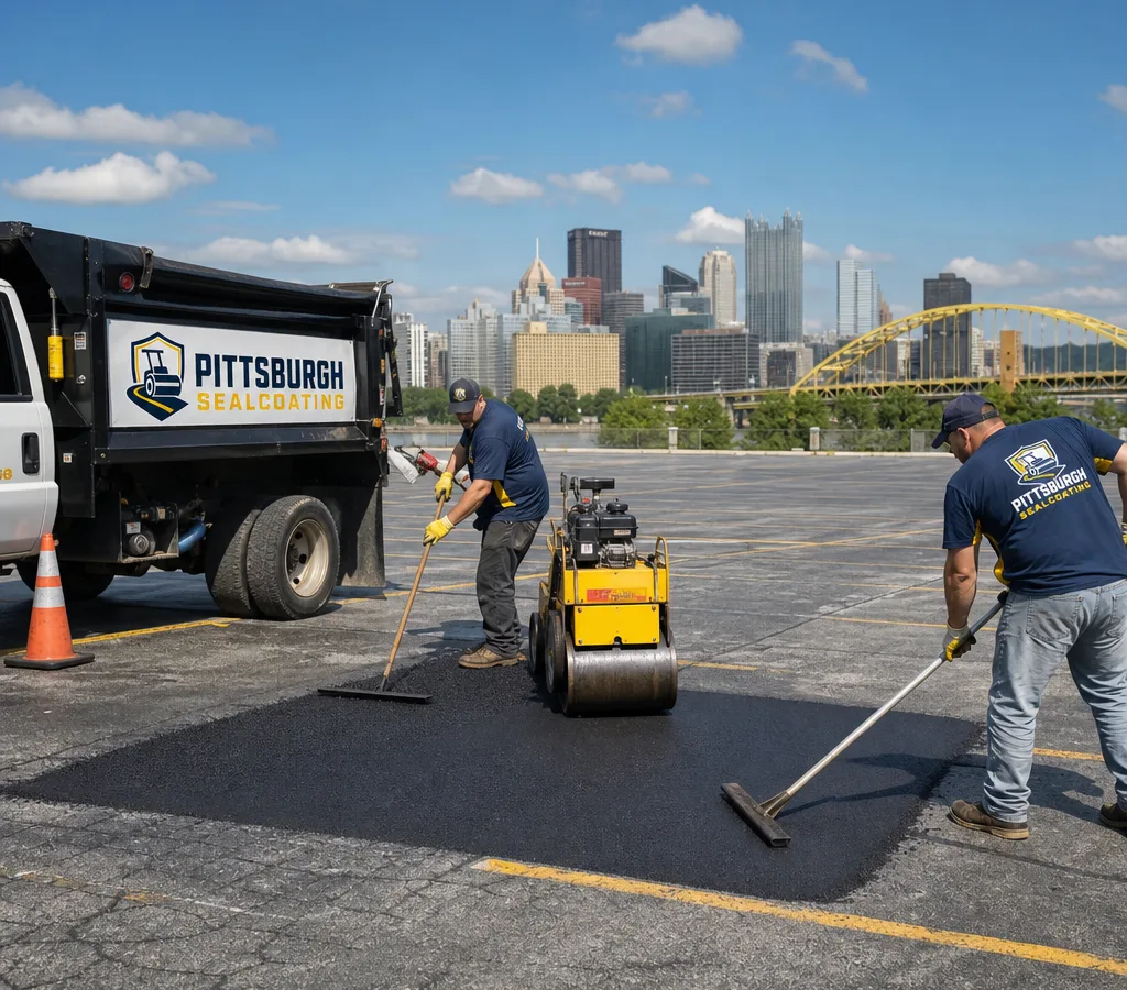 Crew performing hot asphalt patching on a Pittsburgh-area parking lot with a roller and hand lutes, showing fresh blacktop tied into existing pavement