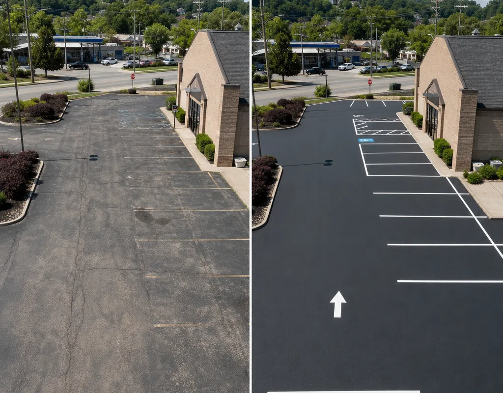Before and after view of a faded parking lot restriped with bright stall lines, aisle arrows, and an exit stop bar