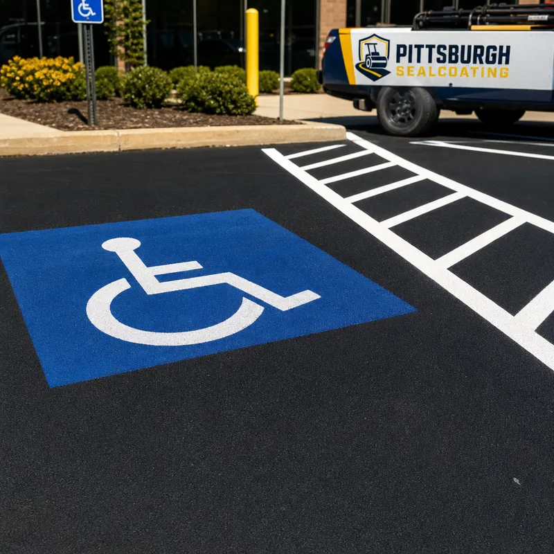 Accessible parking stall with blue field, wheelchair symbol, and crisp white hatched access aisle