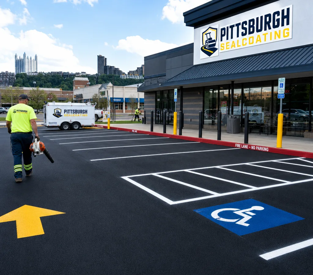 Freshly striped Pittsburgh commercial parking lot with white stalls, directional arrows, an accessible stall, and fire lane markings
