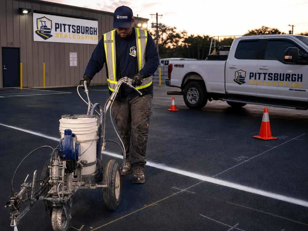 Striping crew applying paint with a walk-behind line striper while cones protect fresh lines and measured layout marks