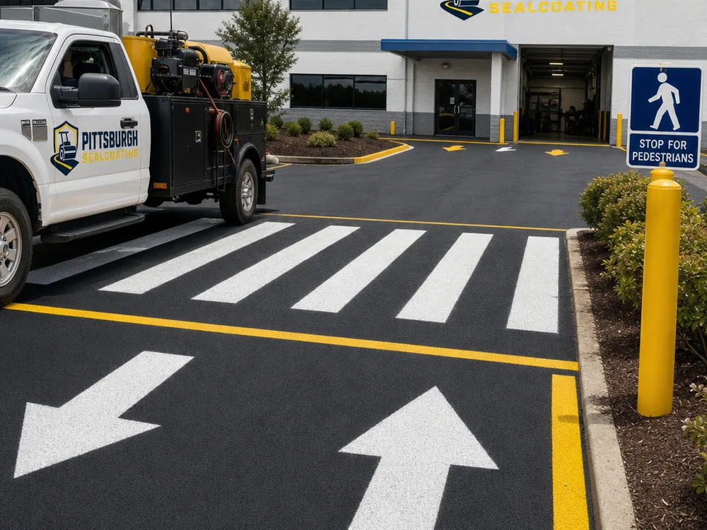 Commercial drive aisle with fresh directional arrows, crosswalk, and pedestrian stop bars aligned with an entrance