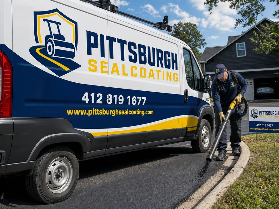 Technician preparing asphalt with a blower and detailing the curb edge before sealcoat application