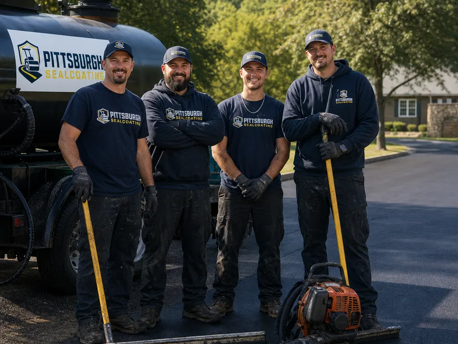 Local sealcoating crew with neatly staged tanks, squeegees, and blowers beside freshly sealed asphalt